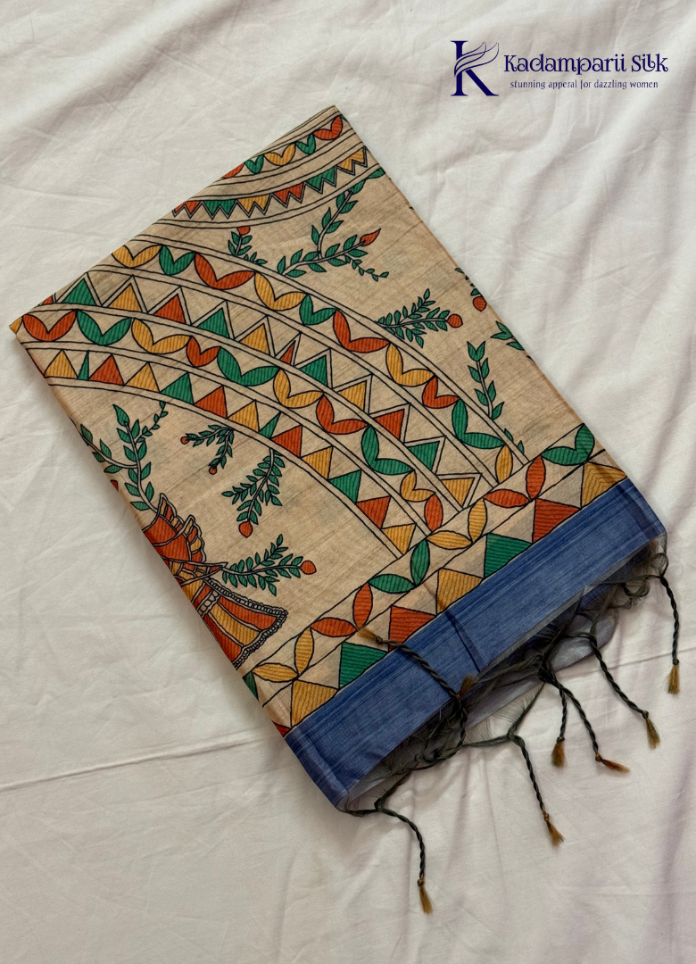 Blue Body with Beige Printed Pallu Semi Tussar Silk Saree