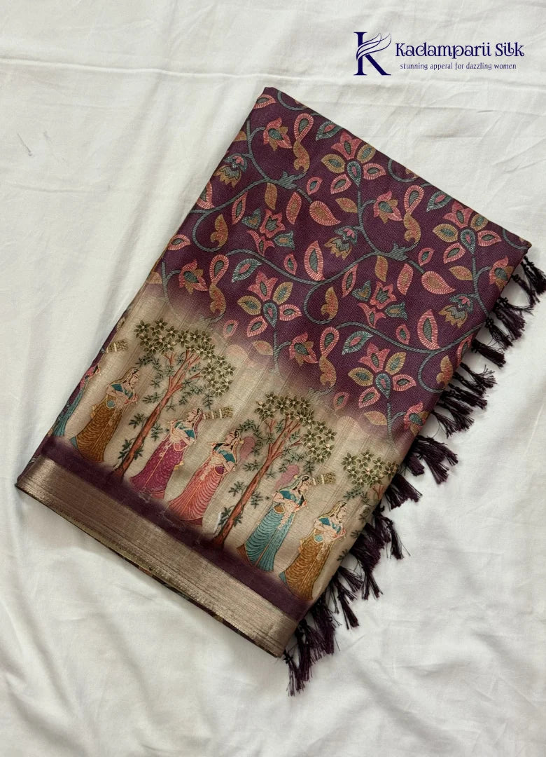 Kadamparii Silk wine soft tussar silk saree with floral design and traditional printed border, displayed on a white background.