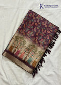 Kadamparii Silk wine soft tussar silk saree with floral design and traditional printed border, displayed on a white background.
