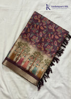 Kadamparii Silk wine soft tussar silk saree with floral design and traditional printed border, displayed on a white background.