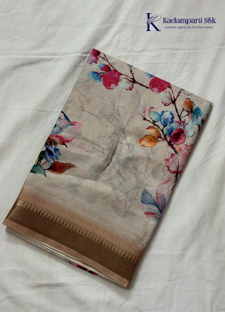 Kadamparii Silk cream soft tussar silk saree with floral digital print and contrast border, displayed on a white background.