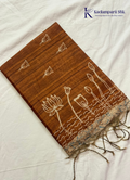 Semi Tussar Silk Saree with Handcrafted Lotus Print & Artistic Border