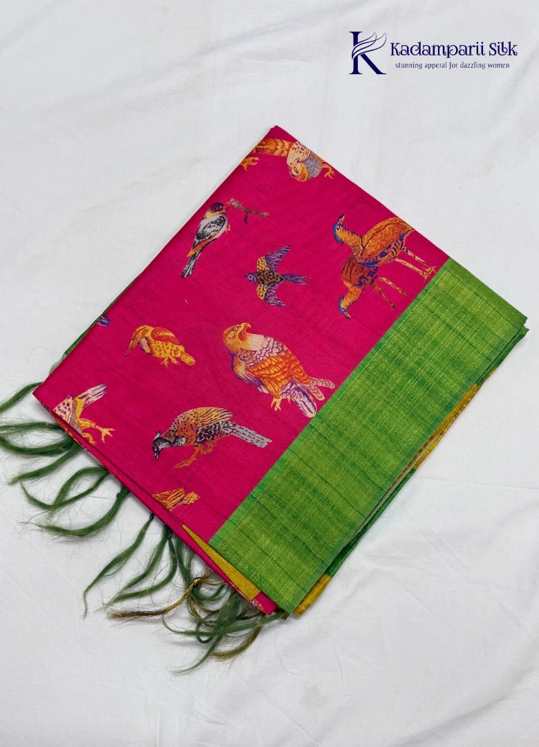 The Feathered Symphony  Digital Avian Print Tussar Silk Saree with Zari Border