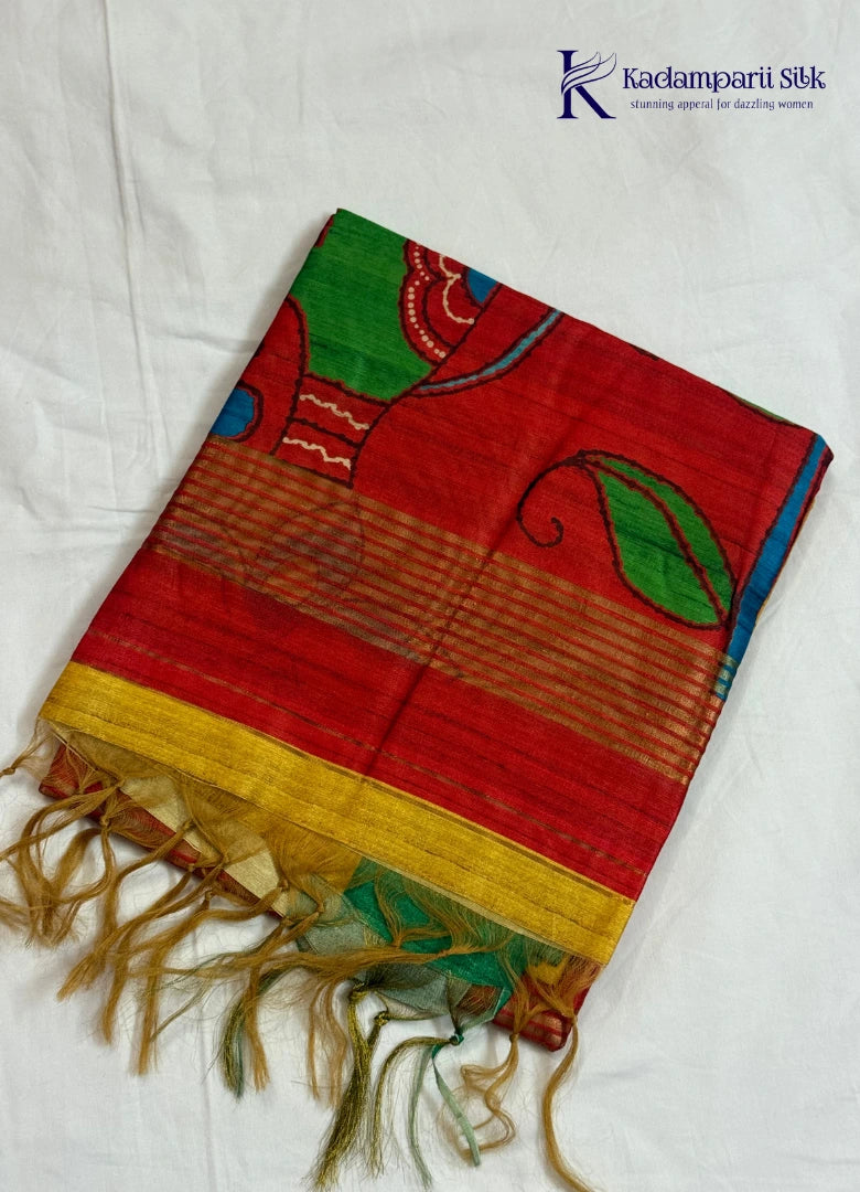Mustard & Crimson Red Madhubani Lotus Saree