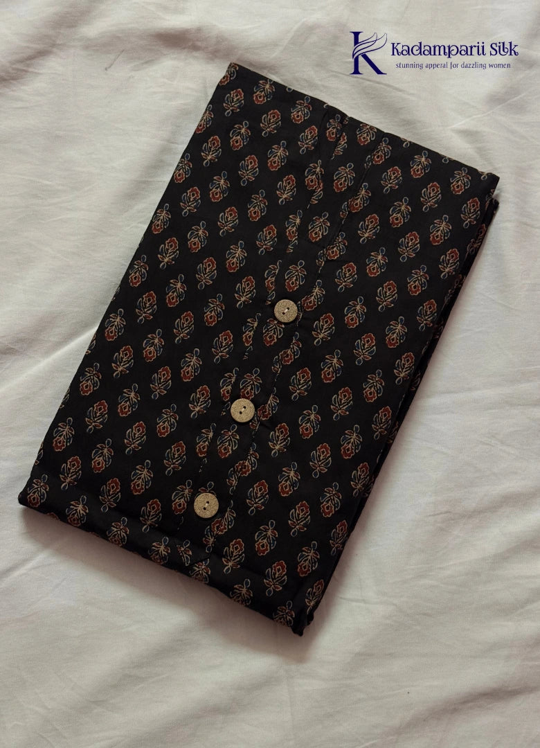Classic Black Kalamkari Cotton Salwar Set with Rust Orange Embroidered Dupatta
