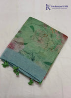 Enchanted Garden Emerald Sage Green Digital Floral Organza Saree