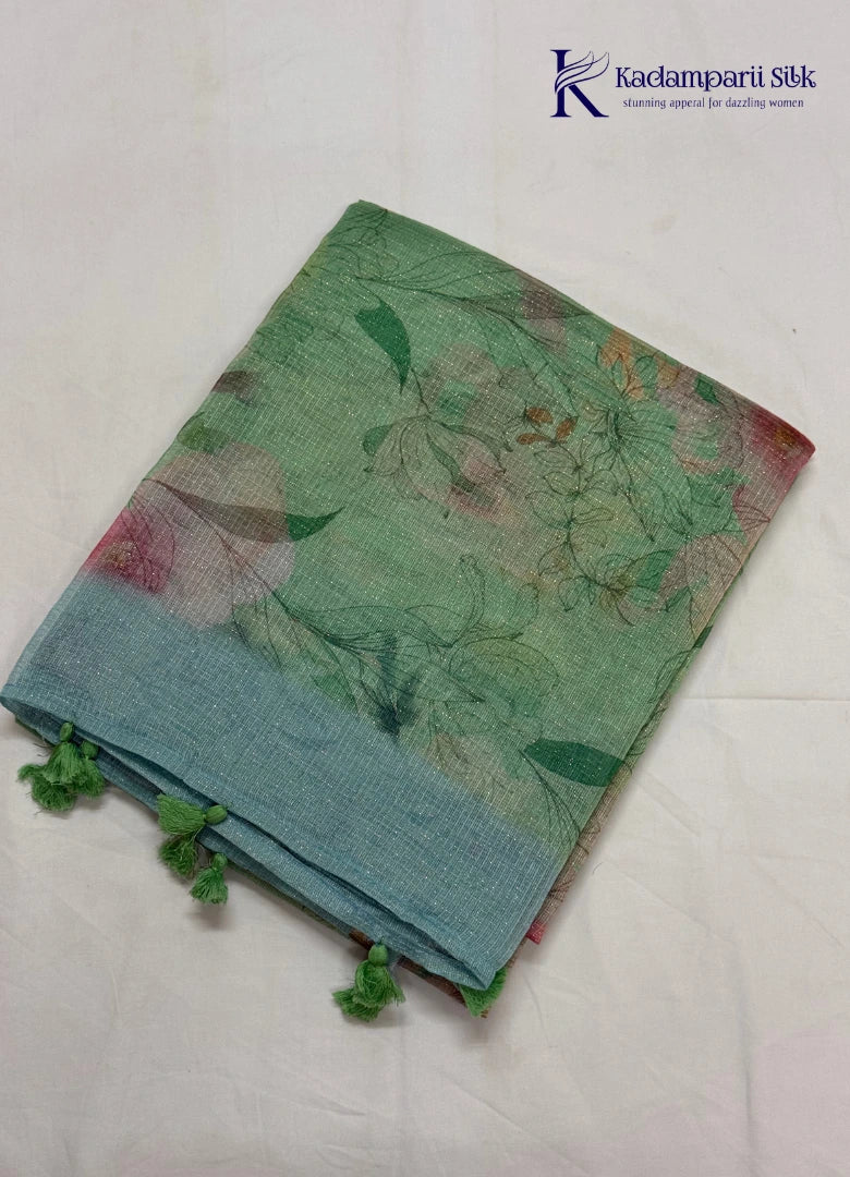 Enchanted Garden Emerald Sage Green Digital Floral Organza Saree