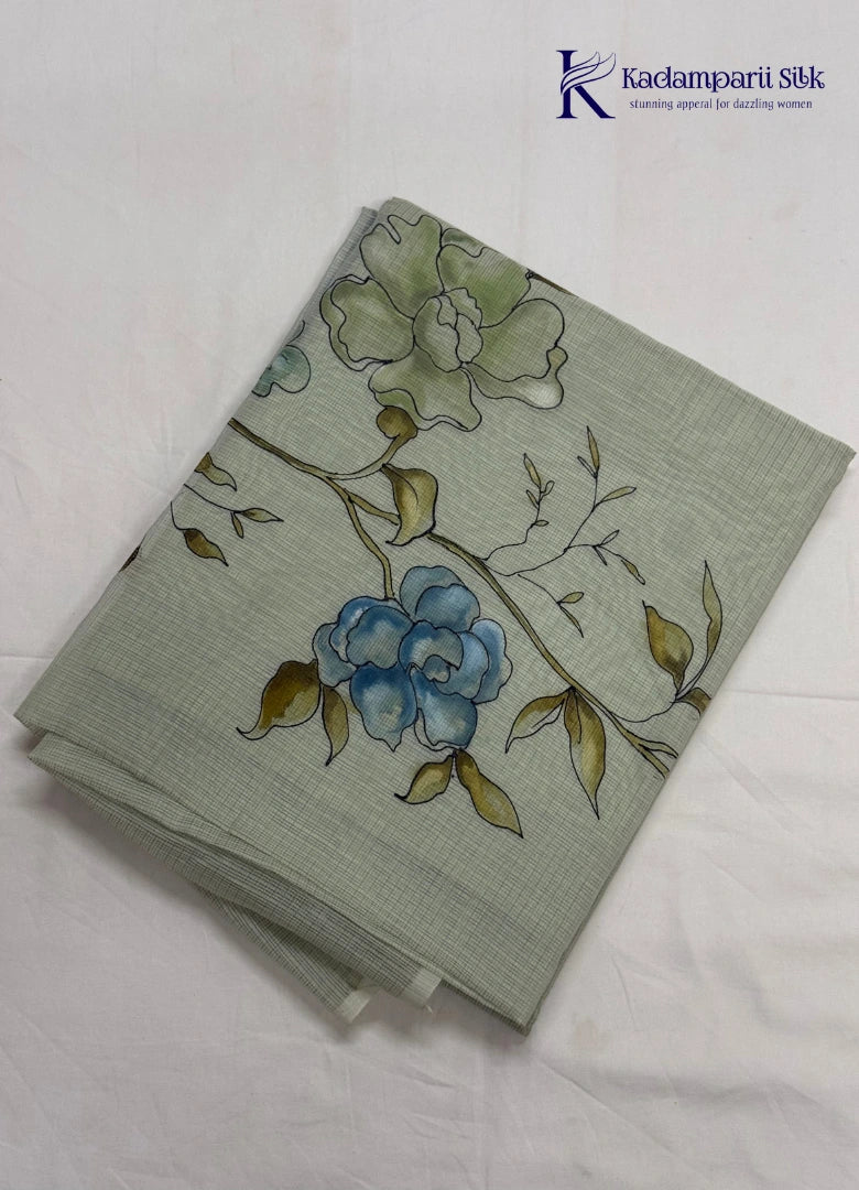 Serene Canopy Misty Sage Green Watercolor Floral Silk Saree