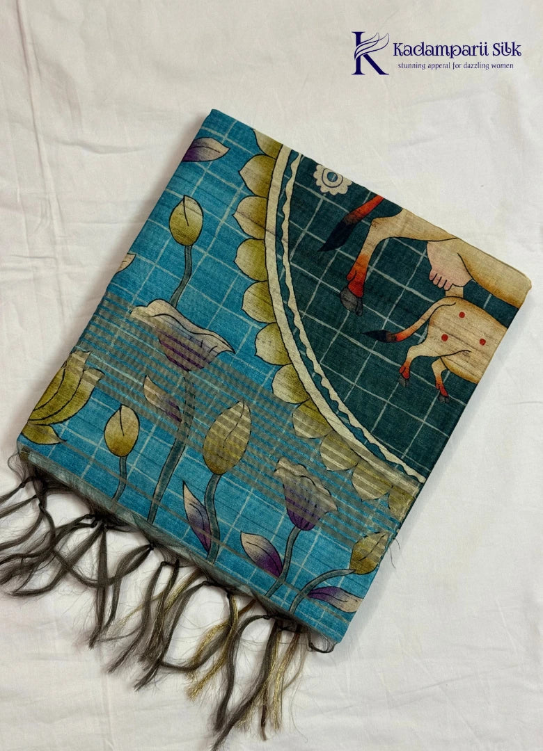 Ocean Blue & Teal Pichwai Cow & Lotus Saree