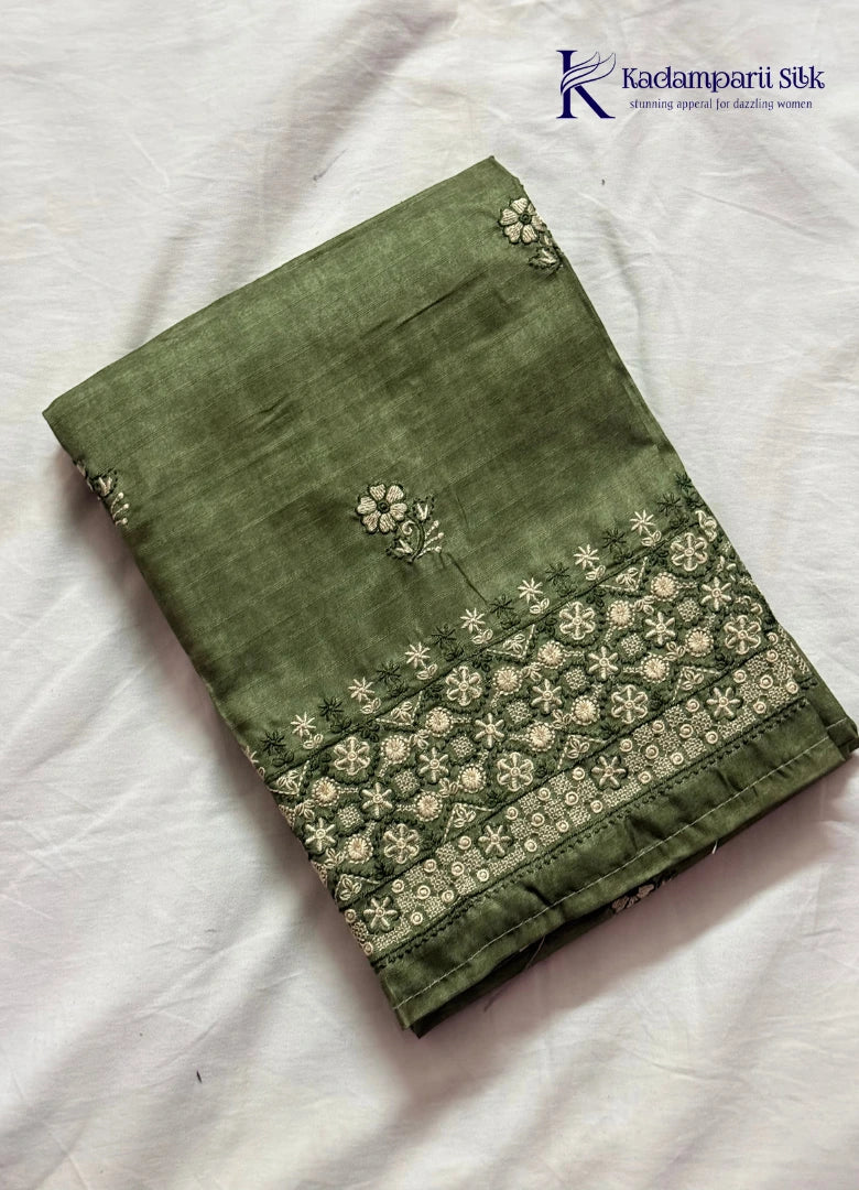 Sage Olive Green Heavy Chikankari Salwar Set with Batik Printed Dupatta