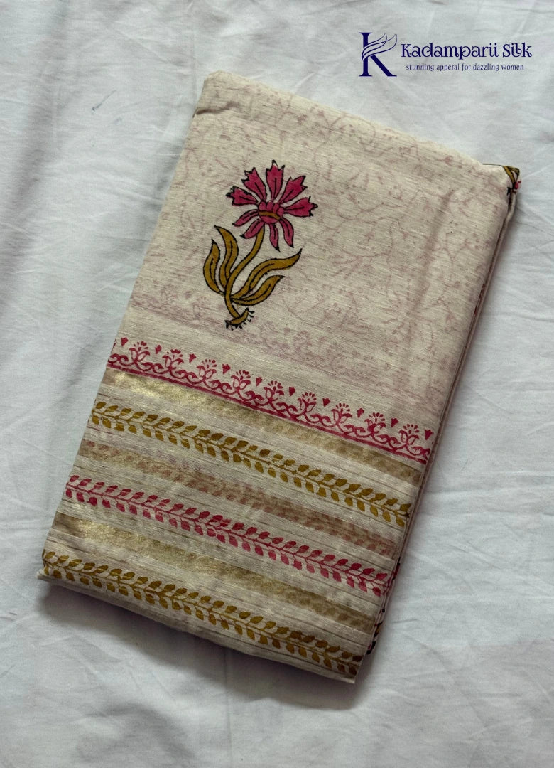 Off-White Floral Hand-Block Print Salwar Set with Woven Zari Dupatta
