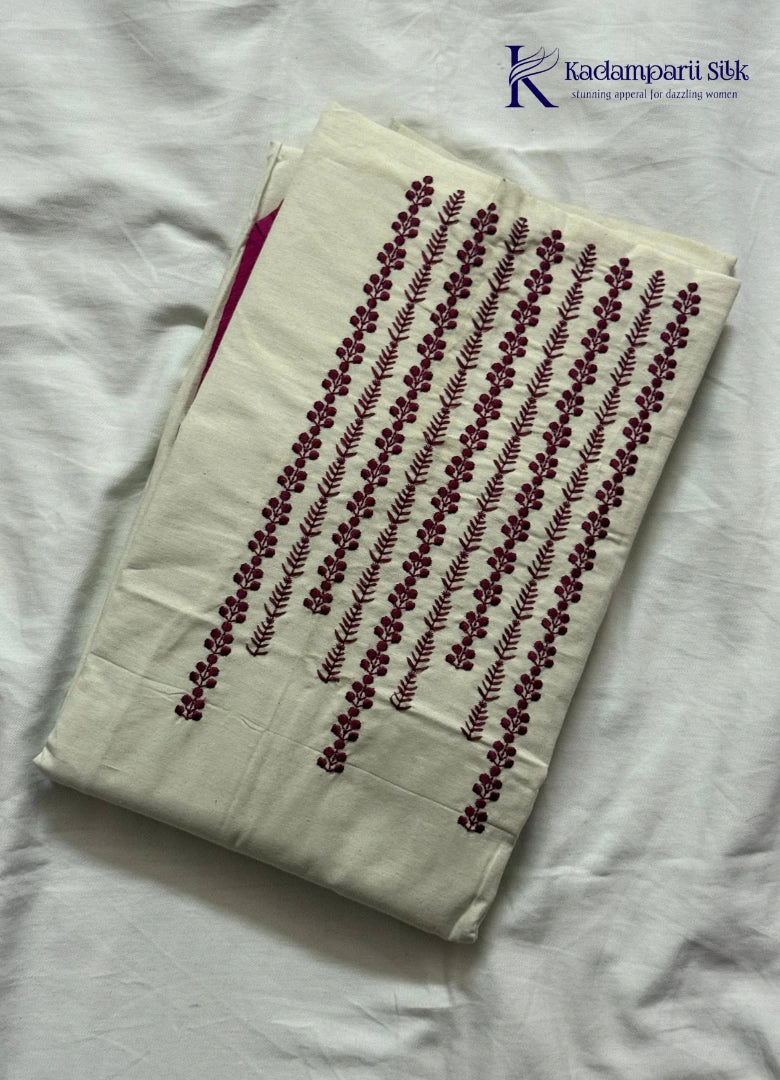 Cream Vertical Thread-Embroidered Suit with Magenta Bandhani Crushed Dupatta