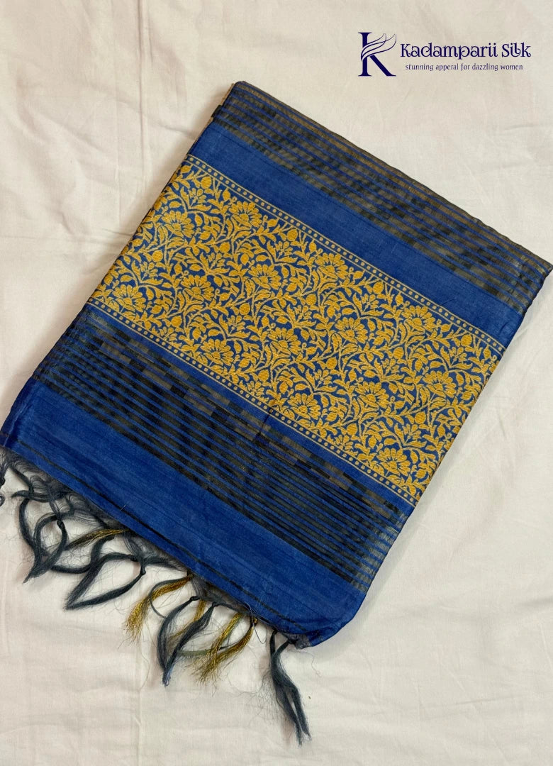 Cream & Royal Blue Geometric Weave Saree