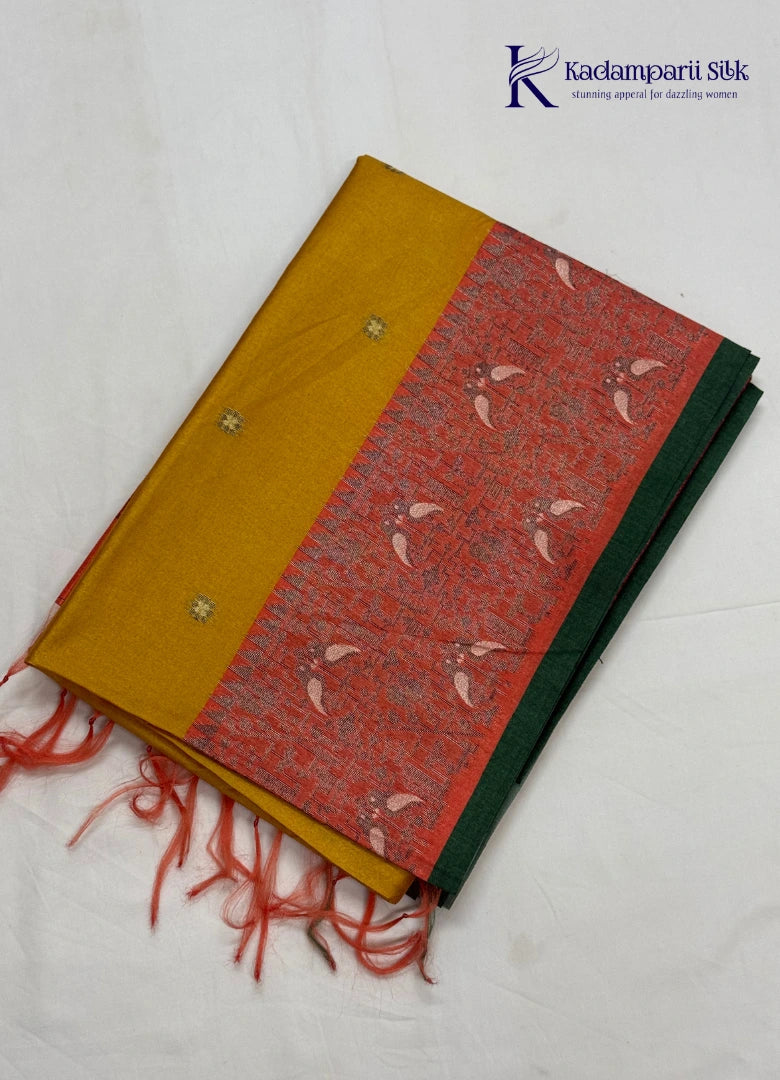 Royal Avian Canvas Golden Ochre & Terracotta Kalamkari Silk Saree