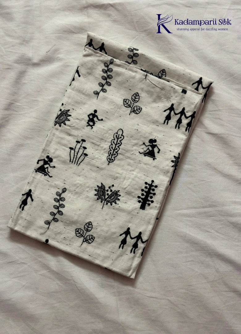 Off-White Warli Tribal Art Salwar Set with Black Striped Dupatta