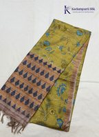 Botanical Heritage Olive Green & Rust Kalamkari Printed Silk Saree
