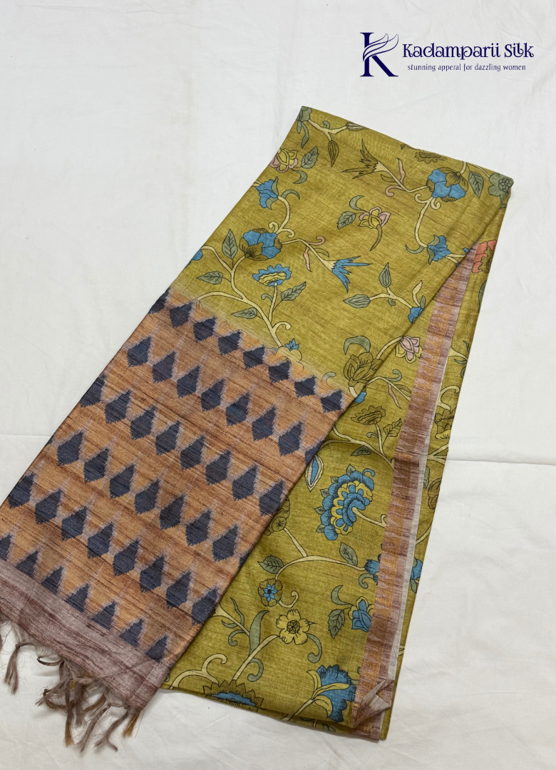 Botanical Heritage Olive Green & Rust Kalamkari Printed Silk Saree