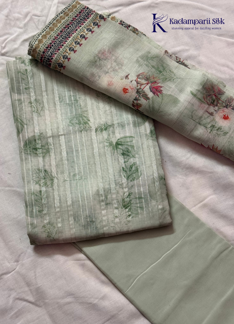 Mint Green Floral Printed Salwar Material with Elegant Striped Weave