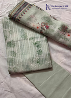Mint Green Floral Printed Salwar Material with Elegant Striped Weave