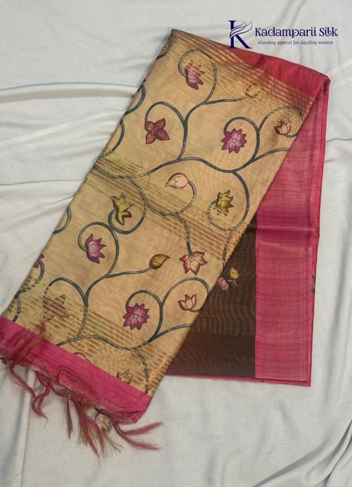 Brown & Pink Soft Tussar Silk Saree with Lotus Butta & Contrast Border