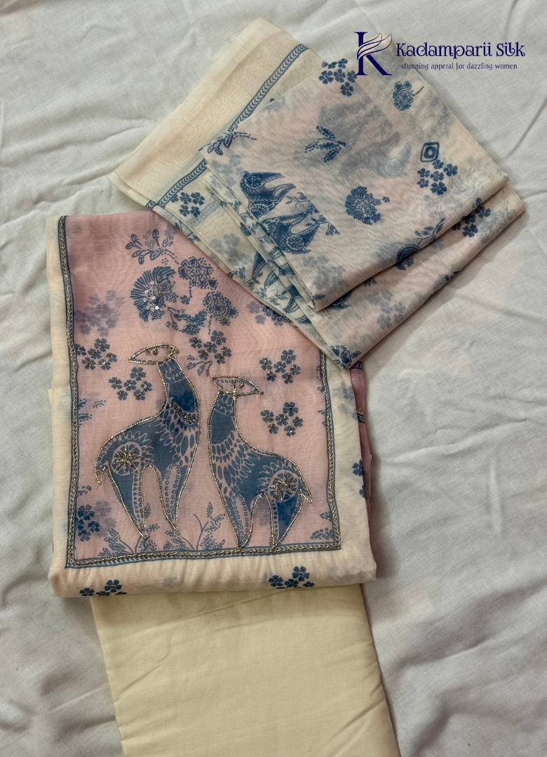 Off White Designer Salwar Material with Embroidered Deer Panel & Stone Work