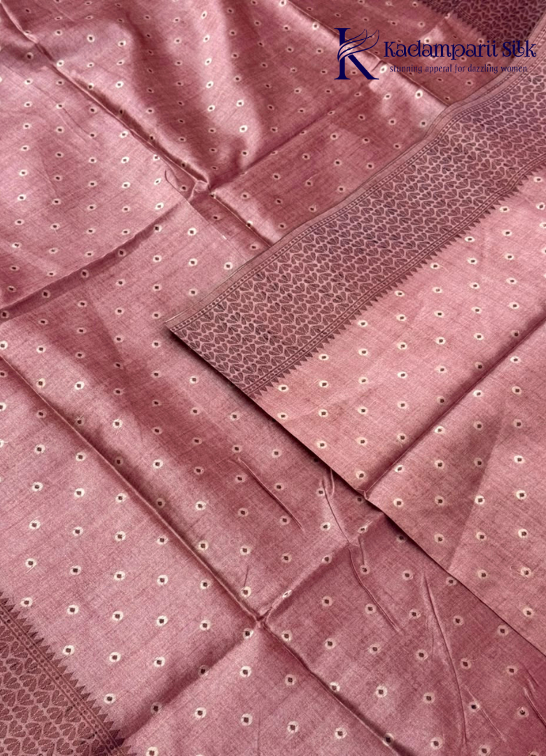 Kadamparii Silk dusty pink semi raw silk saree with butta design and floral border, displayed on a white background.