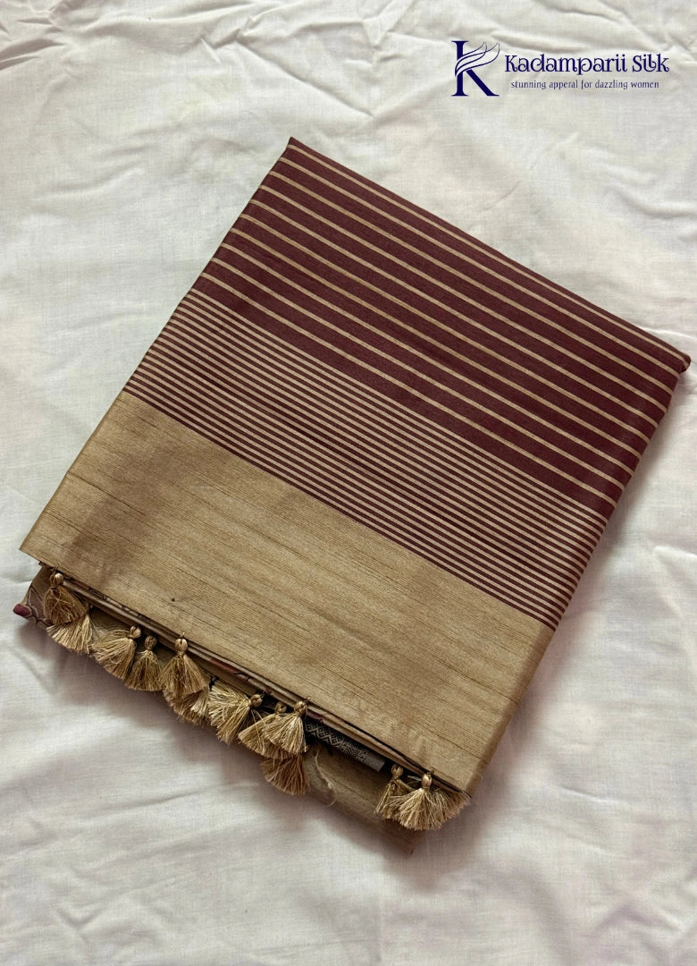 Soft Tussar Silk Saree with Striped Pallu, Abstract Printed Body & Tassels