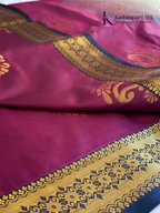 Kadamparii Silk magenta and olive green semi soft silk saree with intricate gold zari weaving, traditional motifs, rich contrast pallu, elegant border, and tassel detailing.
