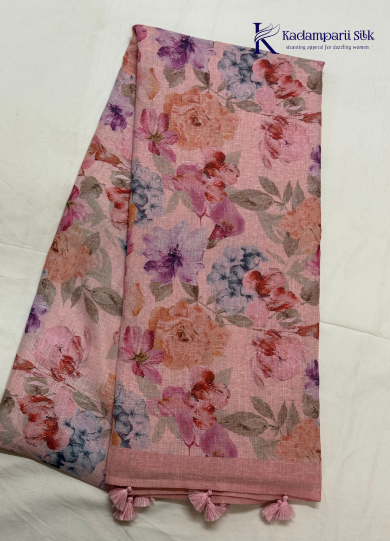 Vintage Romance Blush Pink & Lavender Floral Linen-Silk Saree