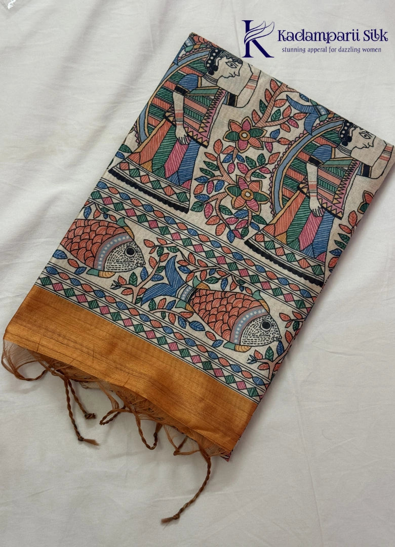 Kadamparii Silk mustard semi tussar silk saree with artistic printed mundhi and colourful floral traditional motifs, displayed on a white background.