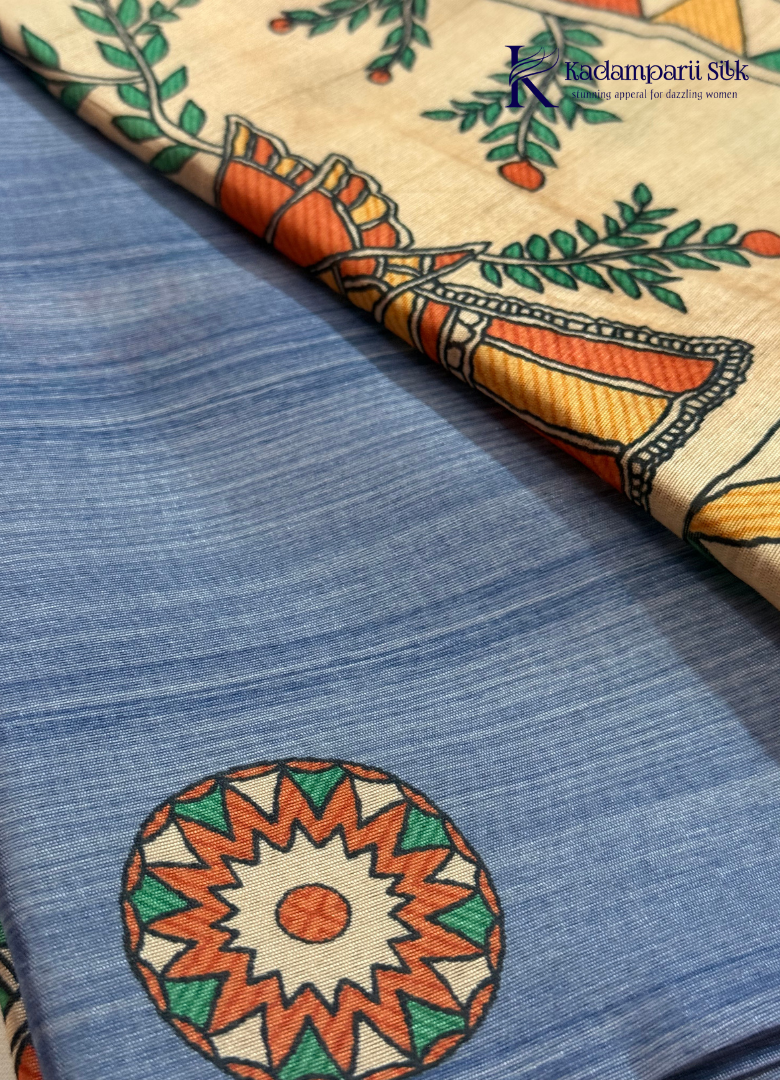 Blue Body with Beige Printed Pallu Semi Tussar Silk Saree