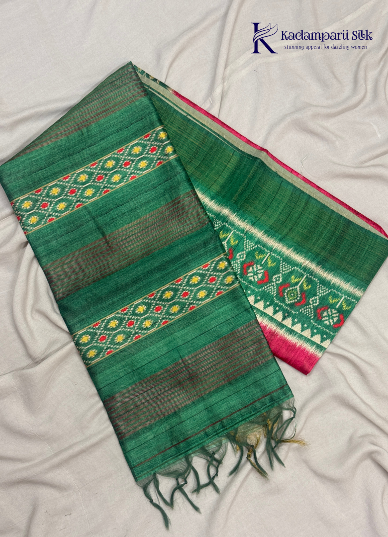 Soft Tussar Silk Saree with Contrast Pink Body & Traditional Ikat Border