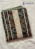 Sage Green Printed Salwar Material with Crochet Lace & Pearl Button Detailing