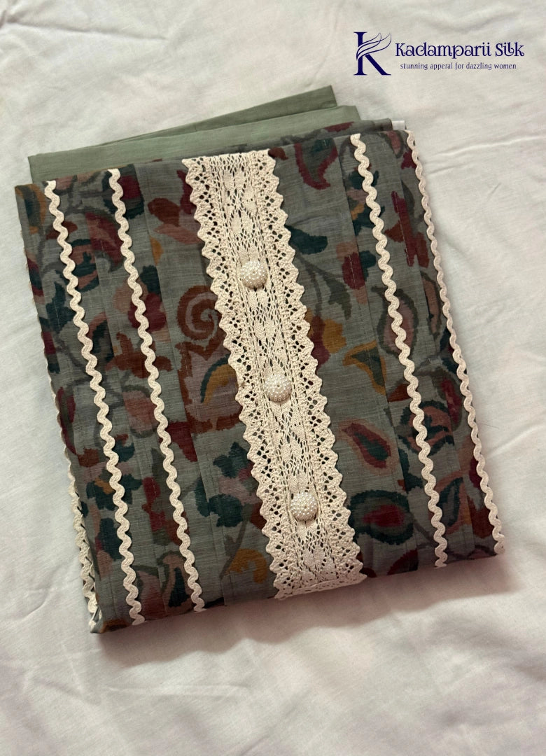 Sage Green Printed Salwar Material with Crochet Lace & Pearl Button Detailing