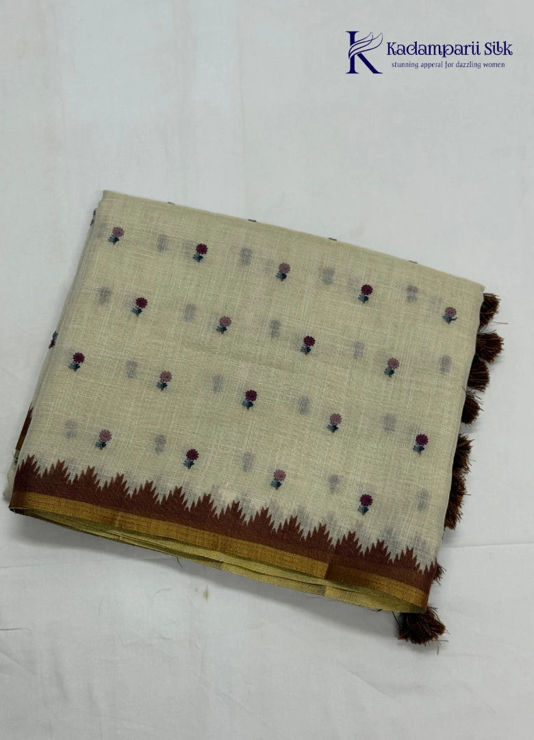 Jute with hand work Earthy Elegance Ivory & Chocolate Brown Booti  Saree with Temple Border