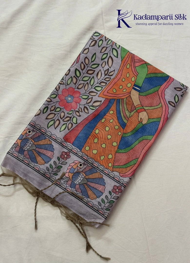 Kadamparii Silk light grey semi tussar silk saree with artistic printed mundhi and floral traditional motifs, displayed on a white background.