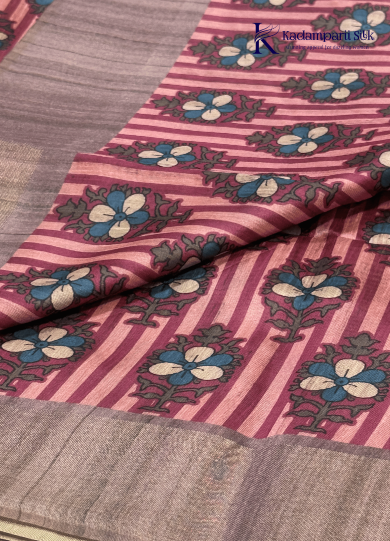 Soft Tussar Silk Saree with Floral Print & Striped Designer Body