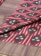 Soft Tussar Silk Saree with Floral Print & Striped Designer Body