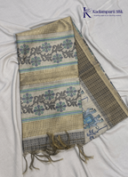 Soft Tussar Silk Saree with Royal Elephant Print Pallu & Floral Woven Body
