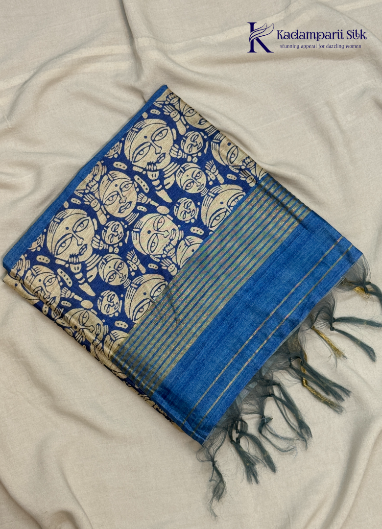Soft Tussar Silk Saree with Plain Body & Artistic Tribal Print Border and Pallu