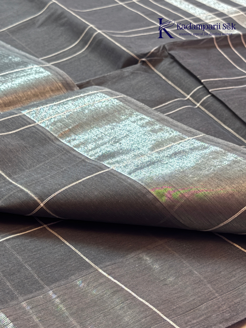 Charcoal grey pure handloom cotton saree with woven stripe and check pattern by Kadamparii Silk.