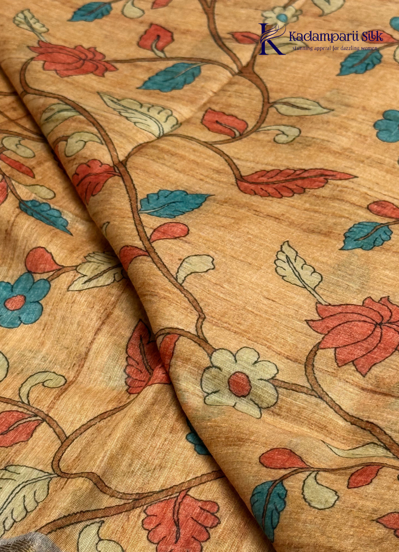 Heritage Canvas Sand Gold & Slate Grey Kalamkari Print Tussar Silk Saree