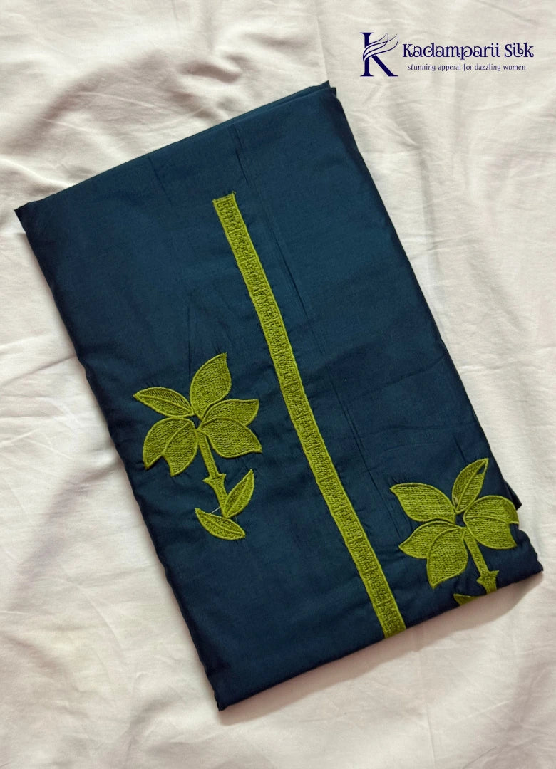Deep Teal Silk-Cotton Salwar Set with Lime Floral Threadwork