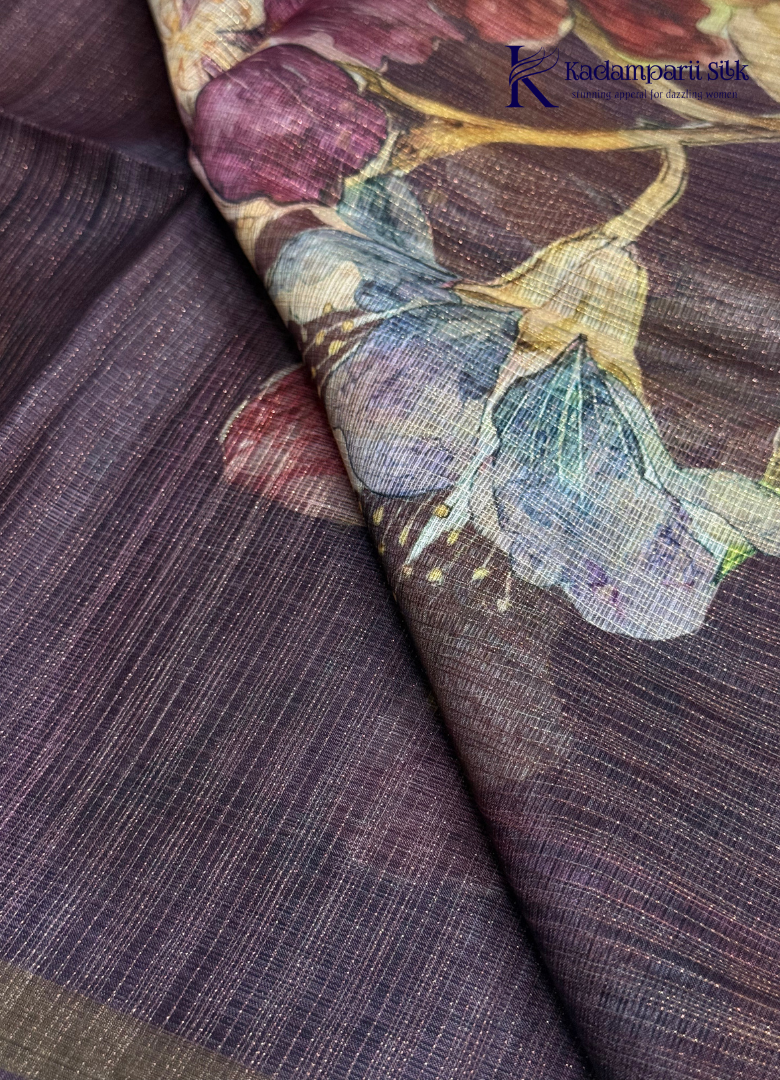 Midnight Bloom Deep Plum & Magenta Hibiscus Digital Floral Silk Saree