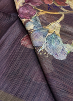 Midnight Bloom Deep Plum & Magenta Hibiscus Digital Floral Silk Saree