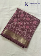 Kadamparii Silk mauve pink soft cotton saree with floral design and zari border, displayed on a white background.