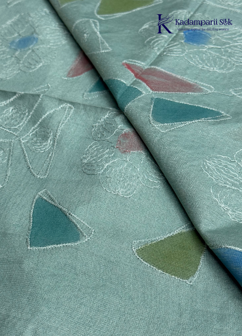 Woodland Whisper Seafoam Sage Green Painted Floral Linen-Silk Saree