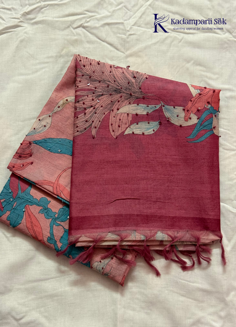 Soft Tussar Silk Saree with Botanical Floral Print & Hand Bead Work | Kadamparii Silk