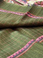 Olive green semi kota saree with checked pattern and artistic printed border by Kadamparii Silk.