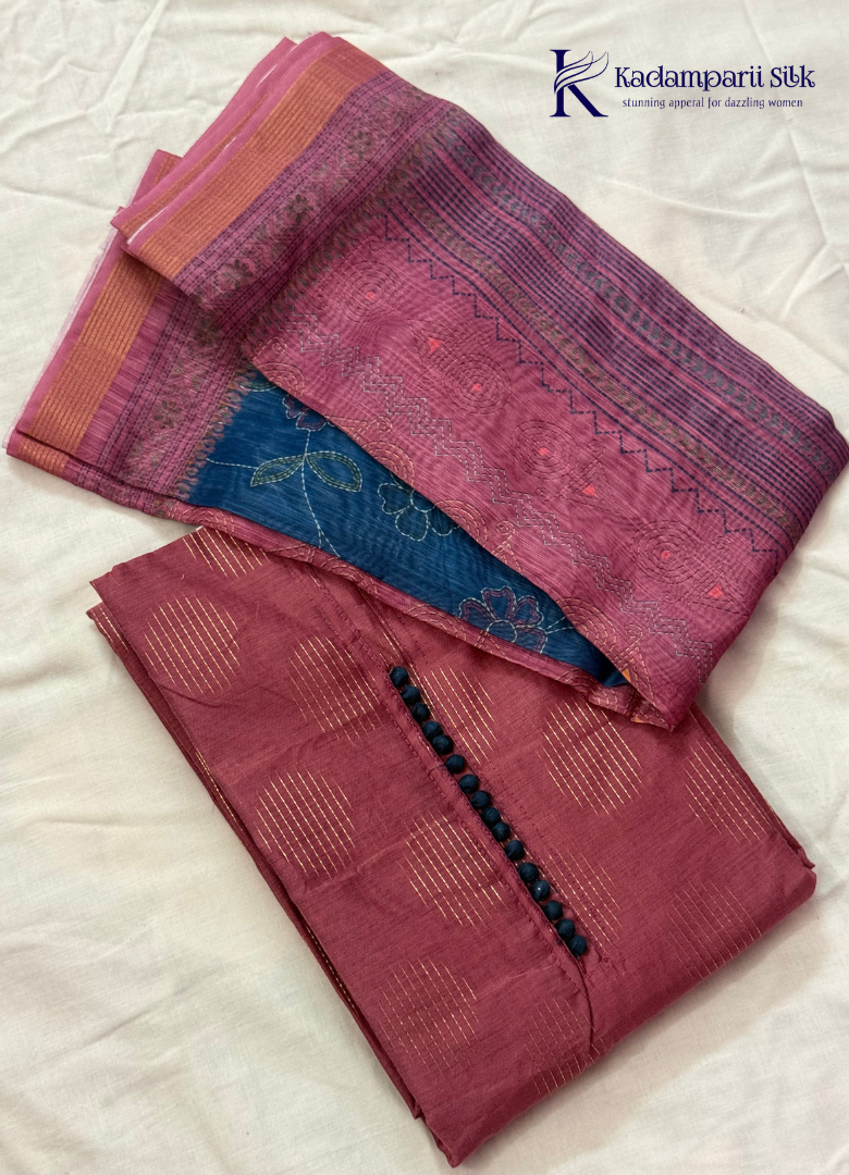 Wine Embellished Salwar Material with Woven Dot Pattern & Button Detailing